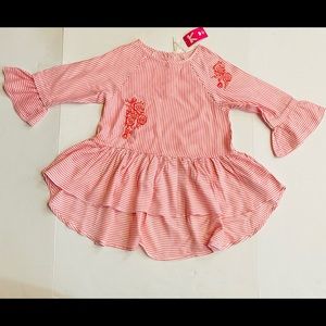 Max Girl 11-12 Pink and White embroidery Stripped Long Waist Pleated Dress NWT